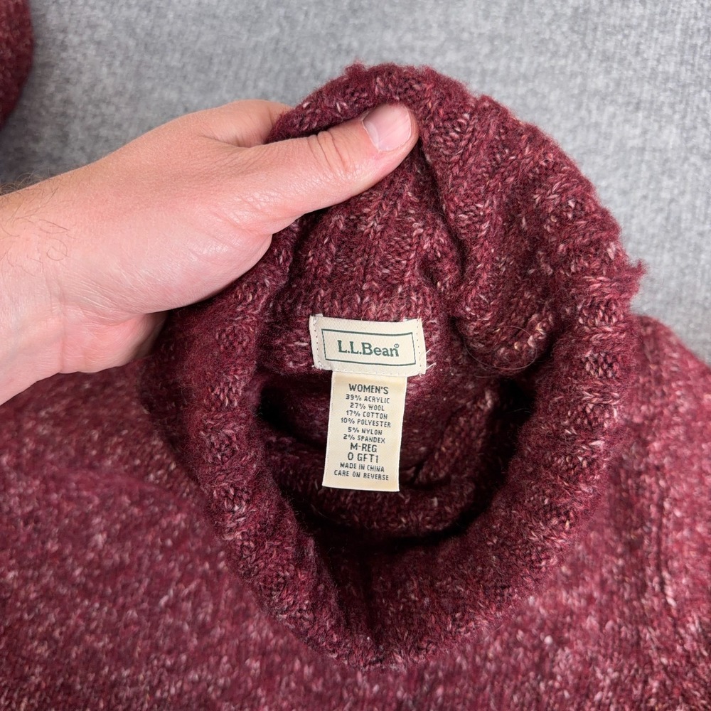LL Bean Sweater Women Medium Red Burgundy Wool Blend Turtleneck Tunic Flecked - Picture 6 of 8